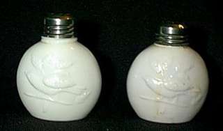 Victorian milk glass THRUSH salt shakers, pair EAPG  