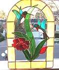 14 Inch 3 D STAINED GLASS Suncatcher, HUMMINGBIRD and RED FLOWER 