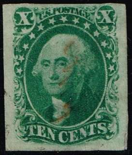 US stamp:#15 10c Green Type III 1857 61 imperf used stamp  