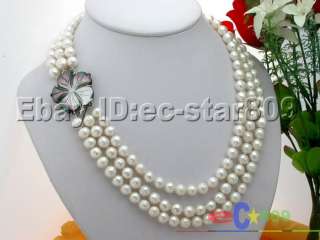 The beautiful necklace 3strands 10mm white round freshwater pearl 