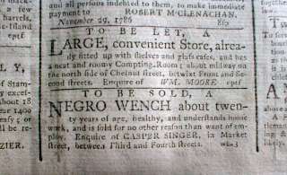 1786 Philadelphia newspaper w 3 front page SLAVE ADs   for Sale 