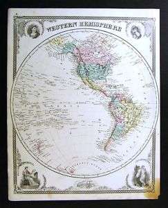 1876 World Map World Hemisphere   North South America  