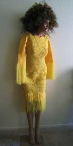FABULOUS Vintage Bright YELLOW See Through KNIT Fringed CARWASH Wiggle 