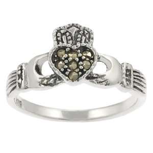  Sterling Silver Marcasite Claddaugh Ring: Jewelry