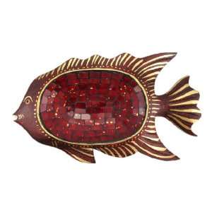    Carved Wood Mosaic Glass Fish Candy Dish Bowl
