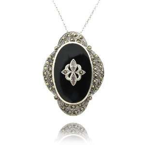   : Sterling silver CZ Black Onyx Oval Marcasite Trim Pendant: Jewelry
