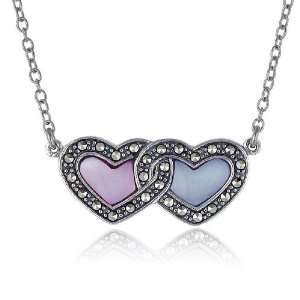   Sterling Silver Marcasite and Lavender Shell Twin Heart Necklace