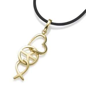  18k Yellow Gold Love Peace and Hope Pendant on Rubber Cord 