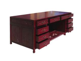 Red Chinese Rosewood Full Size Flower Bird Carving Drawers Office Desk 