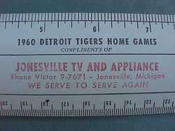   metal baseball schedule ruler w/Joneville,Michigan TV store  