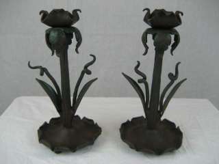 organic forged wrought iron floral candlestick pair  
