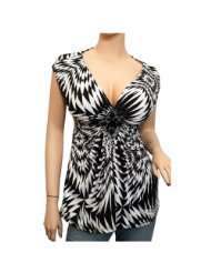 Plus Size Abstract Print Low Cut V neck Top Black