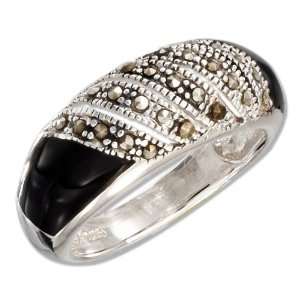   Silver Genuine Onyx and Marcasite Dome Ring (size 06).: Jewelry