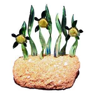  Triple Green Turtle Glass Sculpture (Green Reeds) on Coquina Rock 