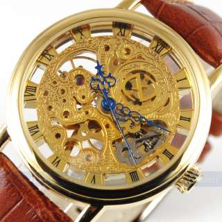 Deluxe Golden Style Skeleton Leather Mechanical Men Lady Business 