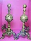   Antique Set 2 Classical Style Brass and Iron Andirons Fireplace Lions