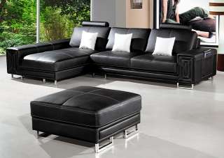 Contemporary Compact Black Leather Sectional Sofa with Ottoman Modern 