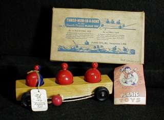 Antique Vintage NOS Plackie Wooden Pull Toy 3 Men In A Boat  