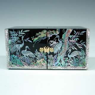 Mother of Pearl Inlay Lacquer Wood Jewelry Case Trinket Treasure Jewel 