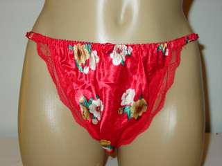 Red floral satin string bikini sissy silky lace S/5 NWT  