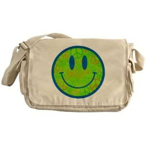    Khaki Messenger Bag Smiley Face With Peace Symbols 