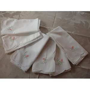   White Dinner Napkins with Embroidered Pink Rosebuds: Everything Else