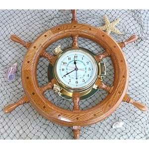 Ships Wheel Tide and Time with Brass Porthole Clock