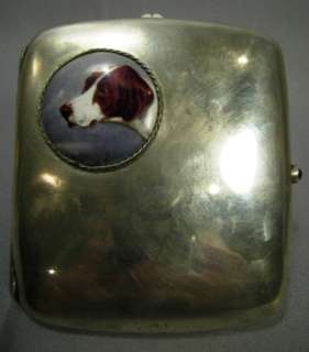 Antique 800 Silver Cigarette Case Enamel Pointer Dog  