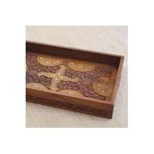  Hand Carved Wood Decorative Tray with Brass Inlay