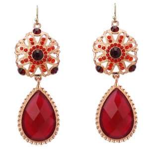 Formal Vintage Elegant Chandelier Earrings in Copper Tone with Red and 