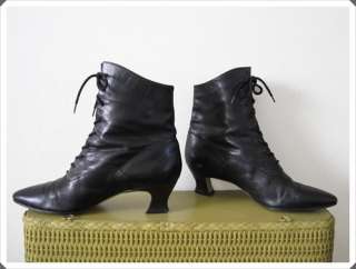 VTG 80s 90s Nine West Black Leather Granny Boots 7 1/2 Grunge Boho 