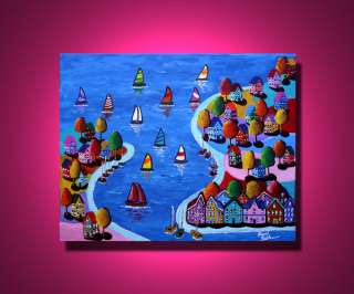   Sailboats Colorful Houses Boats Whimsical Folk Art renie qae  