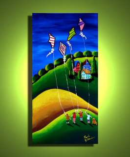   Children Flying Kites Fun Whimsical Spring Folk Art renie qae  