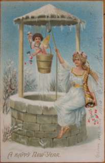 1907 Embossed/Litho New Years Postcard: Cherub in Well  