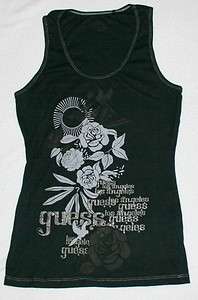 GUESS NEW Arrival Glitter Rose Floral LOGO Graph Tank Top Vintage Wash 