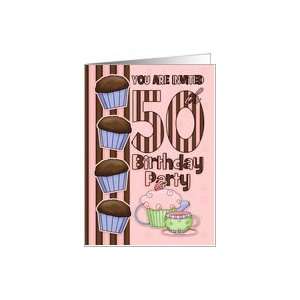  50th Birthday Party Initation Card   Cupcakes And Tea Card 