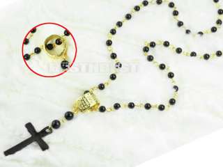 Unisex Rosary Black Bead Crucifix Cross Pendant Chain Long Necklace 