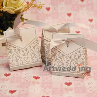 12 PCS Square Silver and White Wedding Favor Boxes Ribbon Favor Candy 