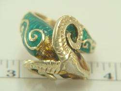 Rare Vintage 14K Yellow Gold Enamel Rams Head Ring 13.5 grams  