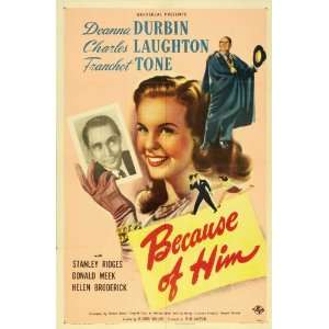    Because of Him Poster Movie 27x40 Deanna Durbin