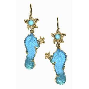   14k Yellow Gold Blue Venetian Glass Sea Horse Earrings: Jewelry