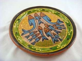   Folk Art Pottery Hand Painted Textured School Of Fish Plate 10  