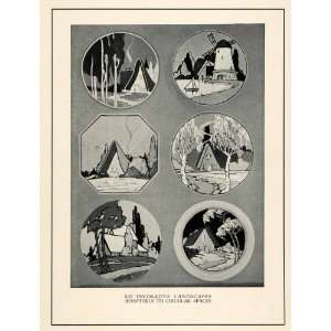  1929 Print Decorative Landscapes Windmill Houses Tree 