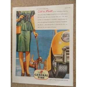 the General Tire, Vintage 40s full page print ad. (woman,green dress 