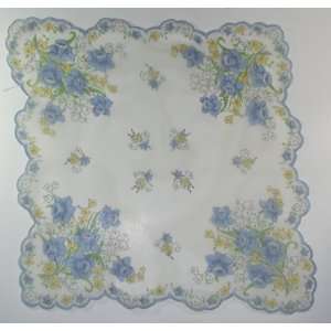  Vintage Ladies Handkerchief Blue Daffodil Floral Design 