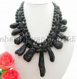 Amazing! 3Strds Black Jasper&Black Volcano lava Necklace