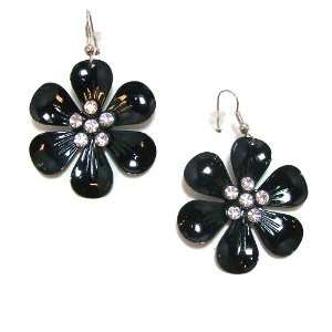 Black Metal 6 Petal Flower Dangle Earrings with Crystal Rhinestones 