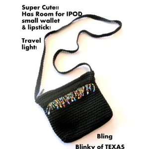 Giannini Black Macrame Crochet Beaded Dangle Bag Shoulder Strap Zipper 