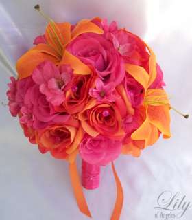 17pcs Wedding Bridal Bouquet Bride Flower Decoration Package FUCHSIA 