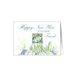  Happy New Year Friend White Roses Watercolor Card Health 